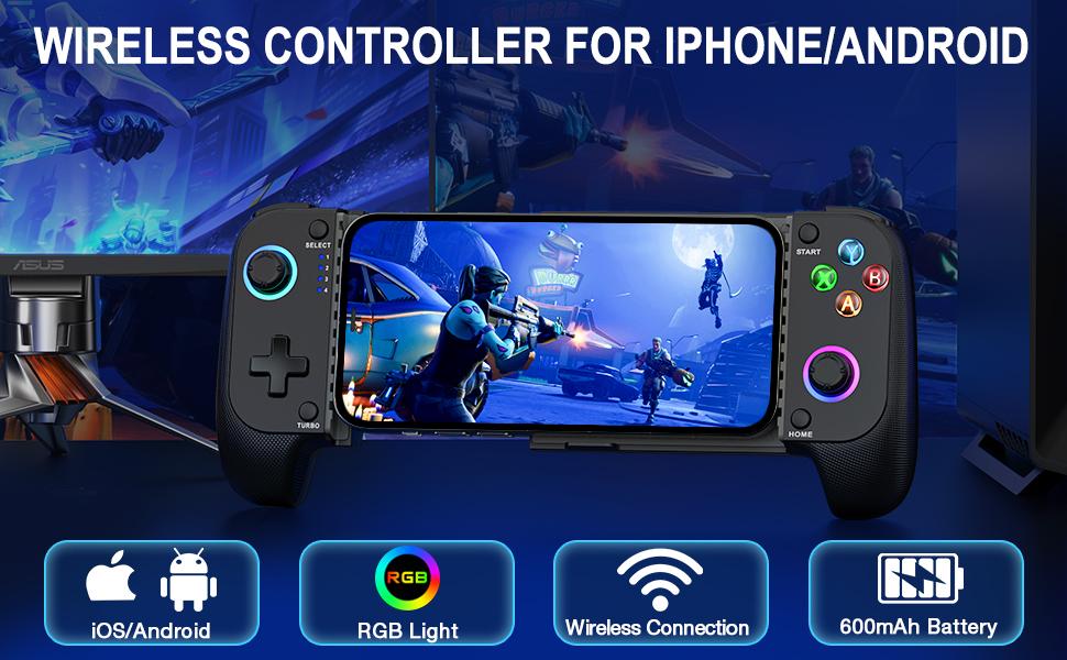 Wireless Phone Controller for iPhone/Android No Deadzone, Mobile Gaming Controller Cloud Gamepad for iOS with RGB