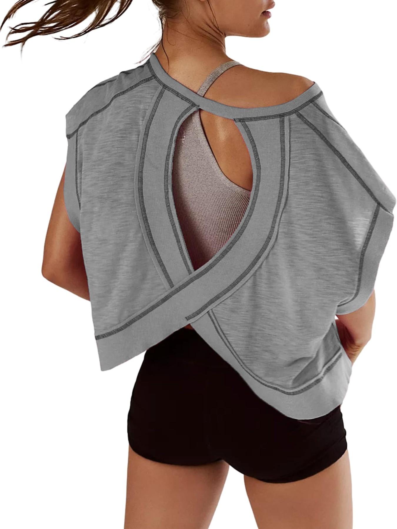 Women's Sporty Hoodie Round Neck Loose Fit Casual Sports T-Shirt, Gym Yoga Tops, Backless Hollow Design, Pure Color Skin-Friendly Yoga Wear