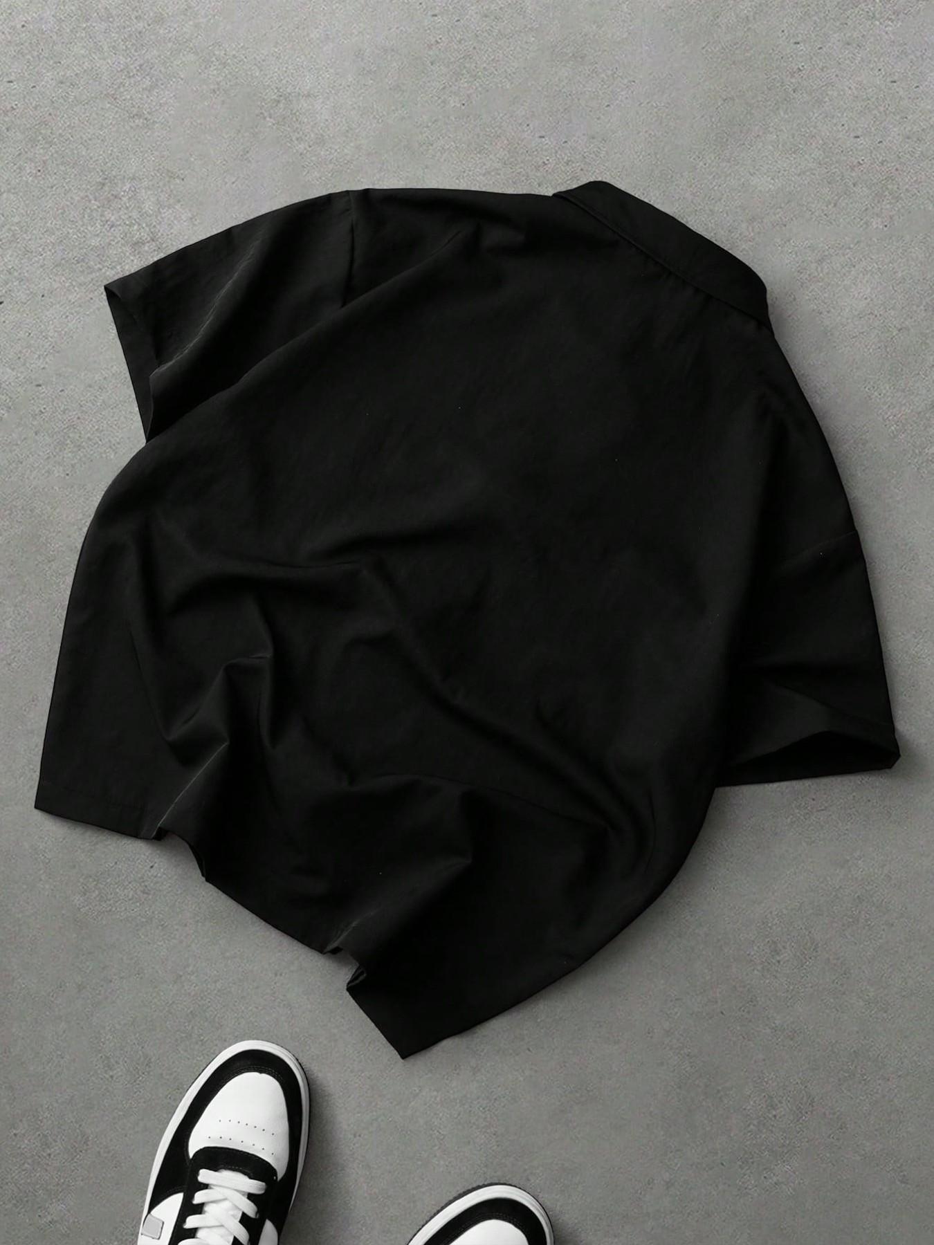 Neutral Zipper Short Sleeve Shirt, Casual Signature Embroidery Pocket Streetwear Top, Loose-Fitting Figure Pattern Clothing