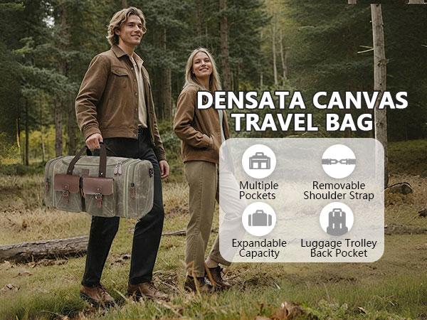 Densata Vintage Canvas Travel Duffle Bag for Men 50-60L Expandable Overnight Weekender Carry-On Large Capacity Crossbody Handbag Durable Outdoor Mega Spacious Lightweight Portable Convertible Waterproof family trip Waterproof Waxed CanvasDuffle Bag Spring