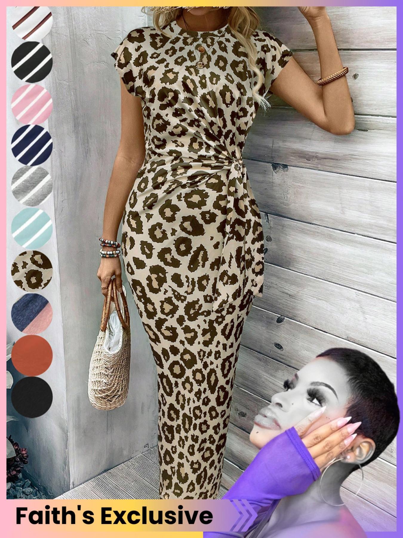 Women's Striped Print Knot Bodycon Dress, Summer Outfits 2024, Elegant Drop Shoulder Short Sleeve Long Dress for Summer, Sundress Maxi Dress, Frenchy Style Ladies Clothes for Beach Holiday