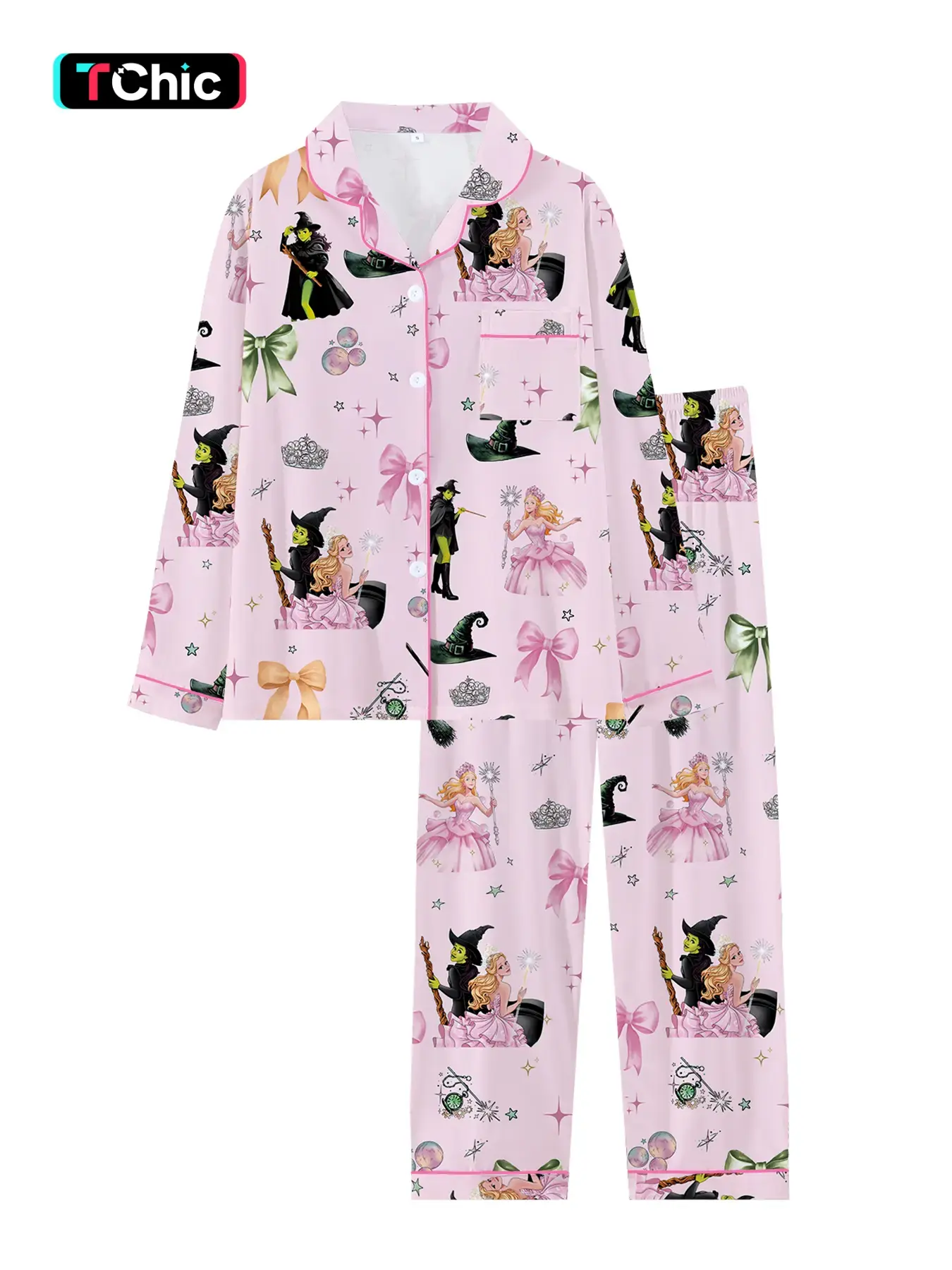 women Teen Wicked Fall Winter Cute Bow Collar Long Sleeve Pajama Set, Comfortable Sleepwear, Loungewear, Movie Party Gift, All-Season Wear