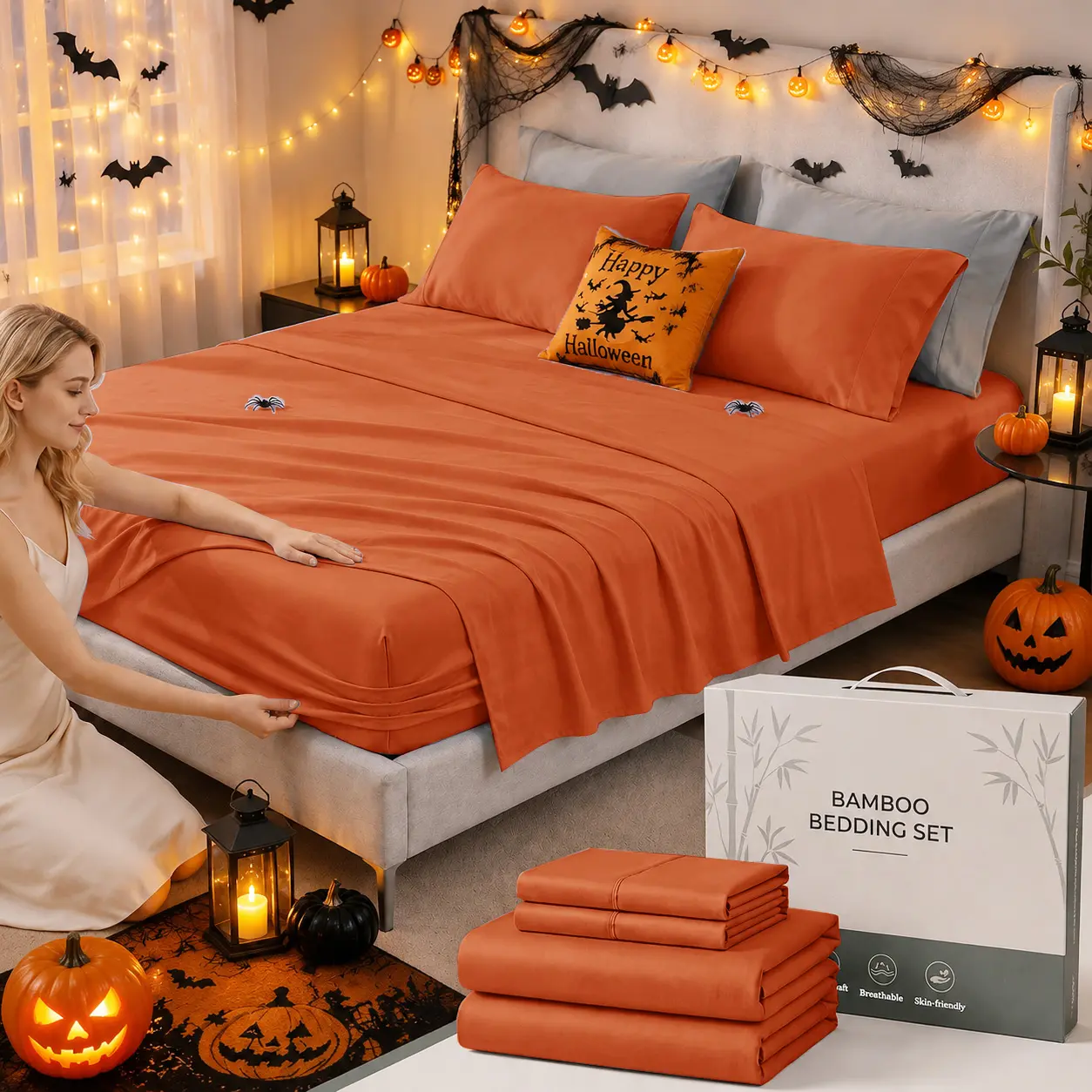 MUXHOMO Halloween Bamboo Fiber Sheet Set (3/4PCS) - Deep Pocket Fitted Sheet with Pillowcases, Soft Cooling Breath All Seasons Bedding, Wrinkle-Resistant Machine-Washable for Home Bedroom Decor