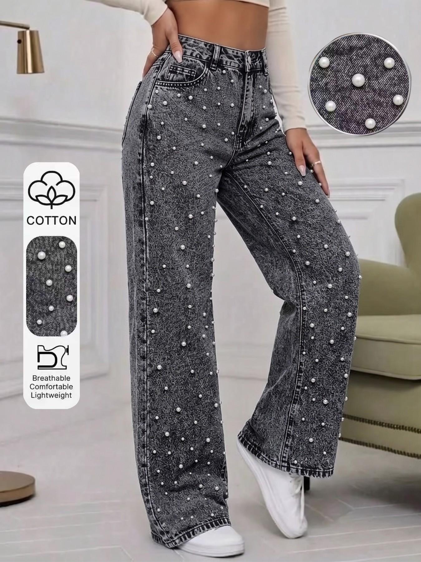 Mid-Rise Baggy Straight Leg Jeans with Pearl Embellishment, Snow Wash Denim Pants for Women, Vintage Slimming Casual Streetwear, Trendy Summer Bottoms, Elegant Chic Style, All Season Comfort, Everyday