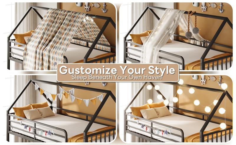 LIKIMIO Bunk Bed Twin XL Over Twin XL, Metal Bunk Bed Frame with Ladder and Guardrail, House Shaped with Metal Slats for Dormitory and Bedroom, Space Saving, No Box Spring Needed