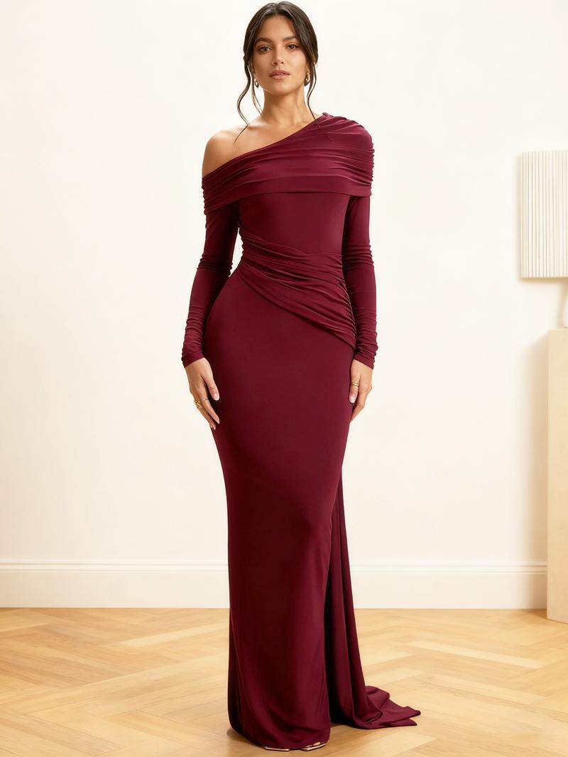 Elegant Party Holiday Dress with Side Long Tie, Asymmetrical Single Shoulder Ruched Bodycon Women's Dress, All Seasons Fashion