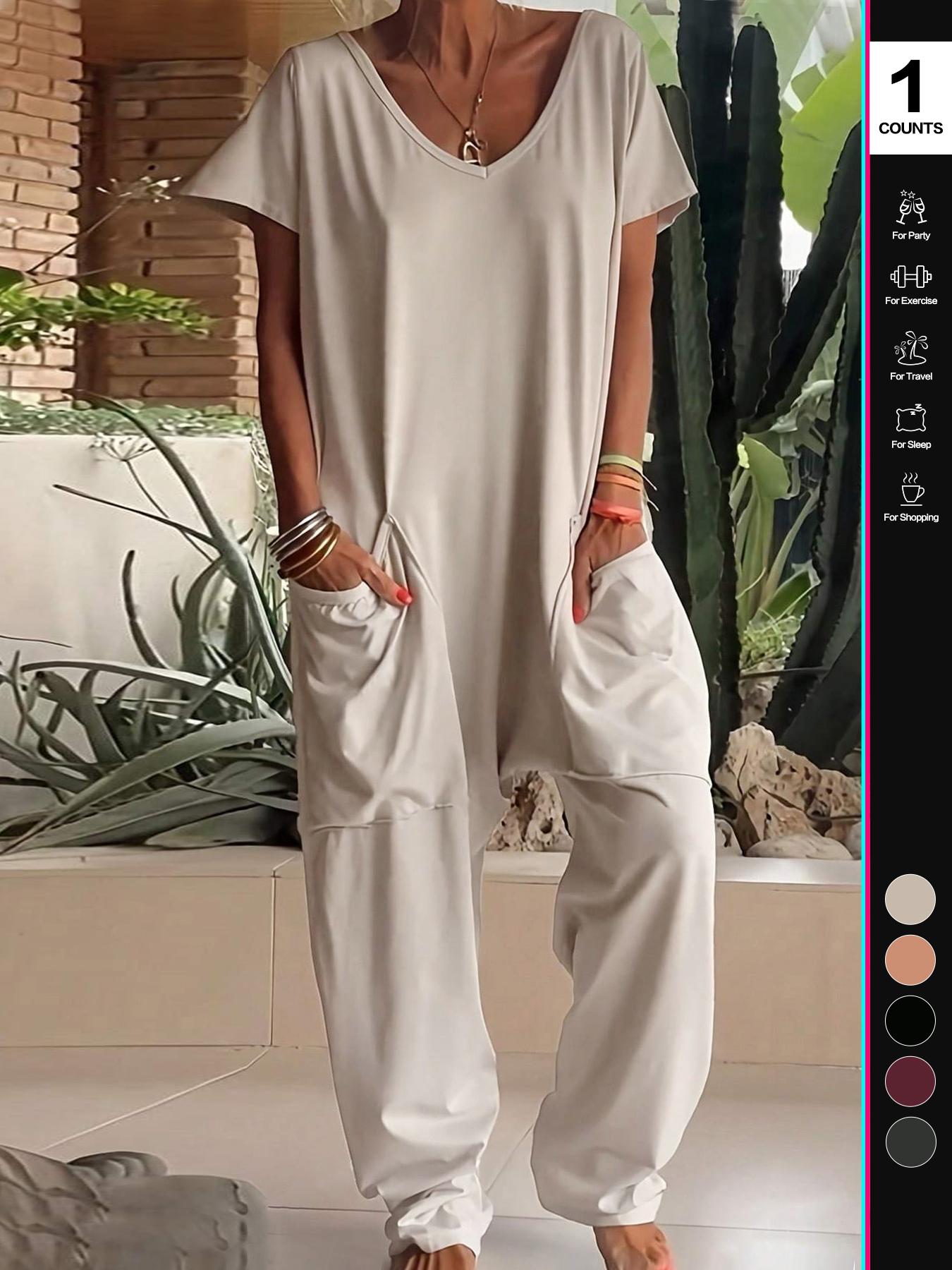 2026 Women's Casual Jumpsuit, Short-Sleeve V-Neck Harem Pants, Loose Fit Wide Leg, Perfect for All Seasons, Stylish & Comfortable