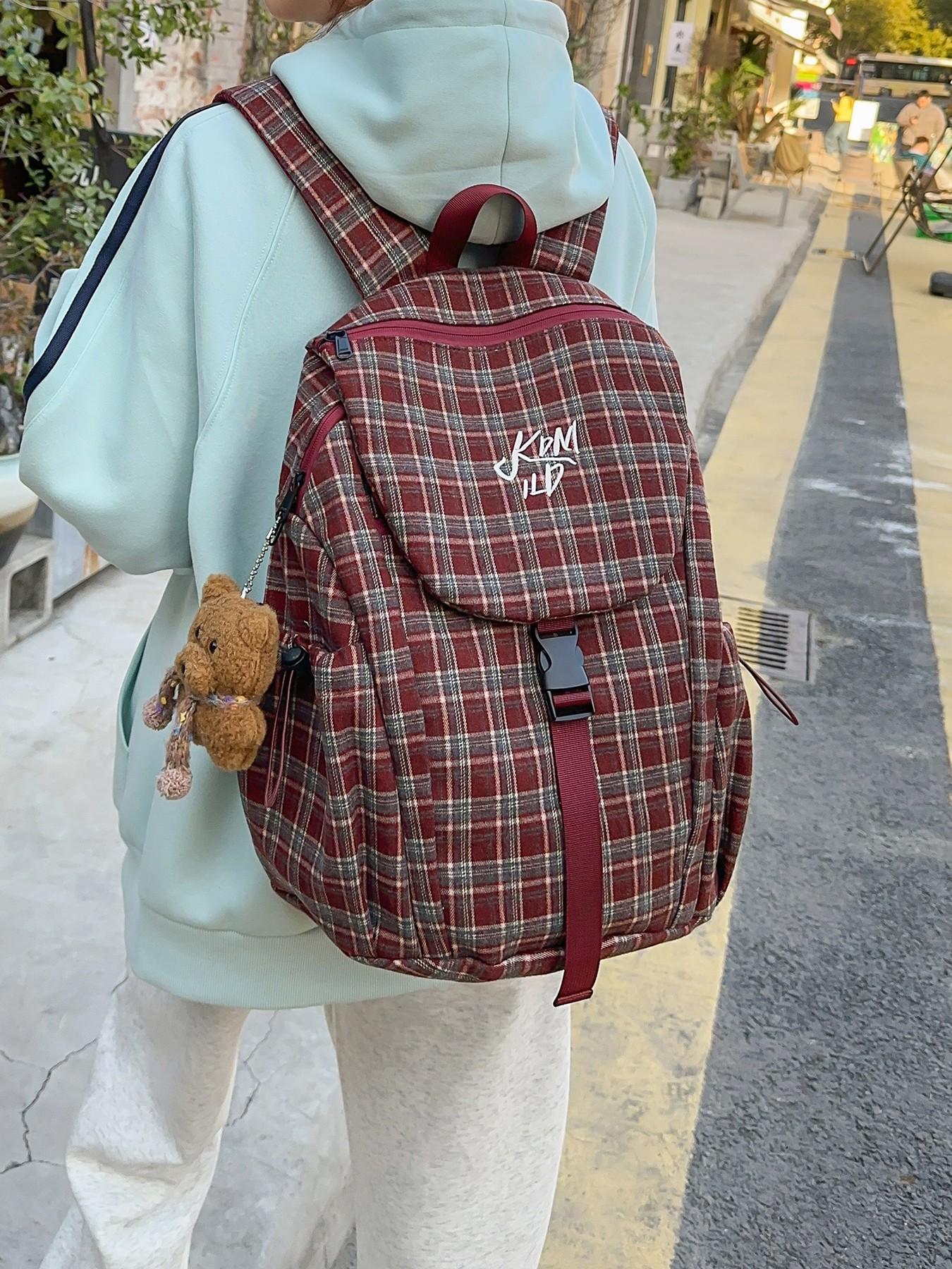 1pc  Checkered women's backpack, casual backpack, flip cover, fashionable, versatile, simple and trendy, suitable for college students' campus travel, commuting, shopping, women's backpack