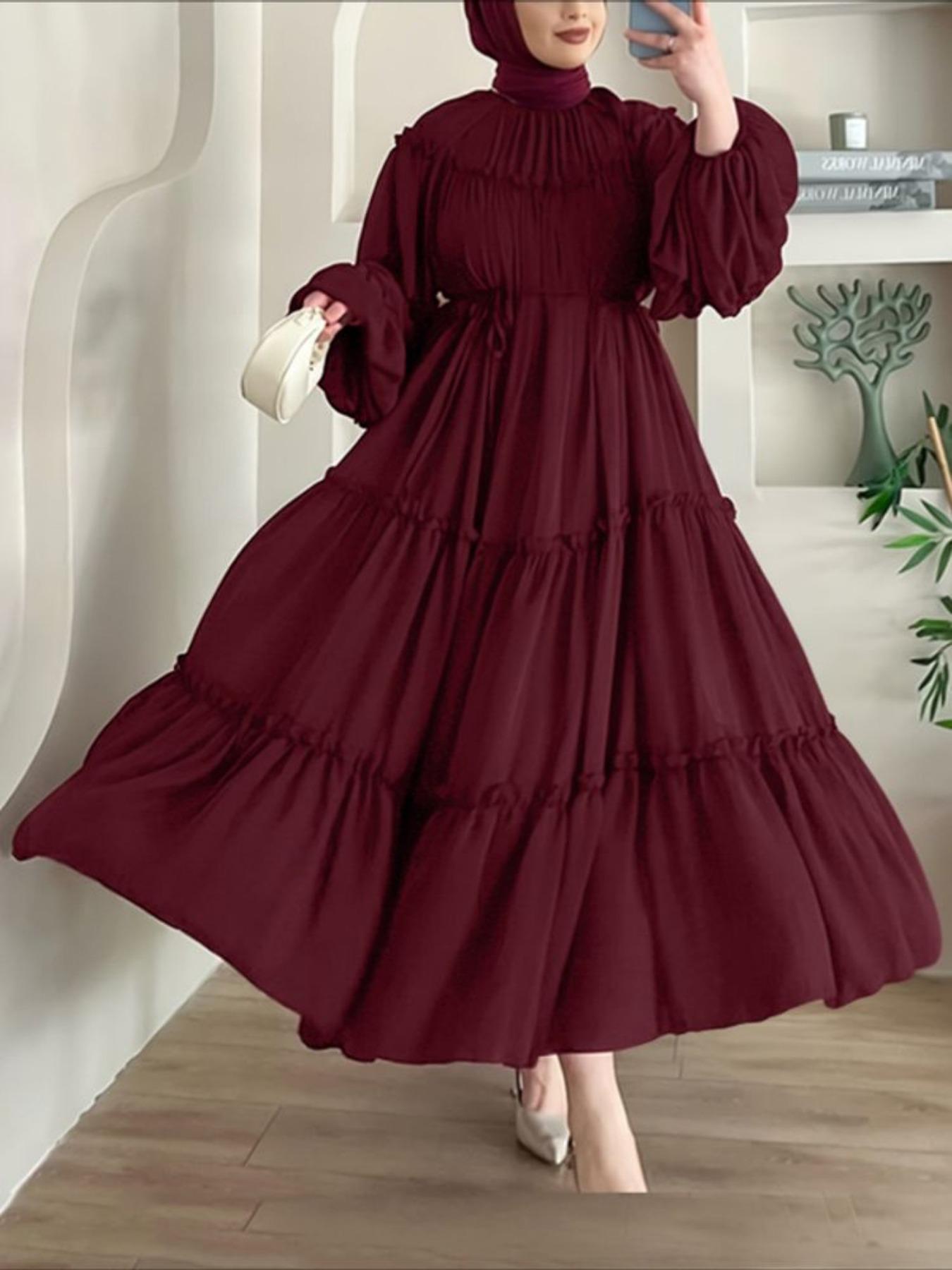 Women's Plain Color Dress, Long Sleeve Belted Waist Pleated Layered Ruffle  Design, Elegant Fitted Commuter for All Seasons, Classy Modest Dresses,  Hijabi Cute Dresses, Modest Style Dress - TikTok Shop