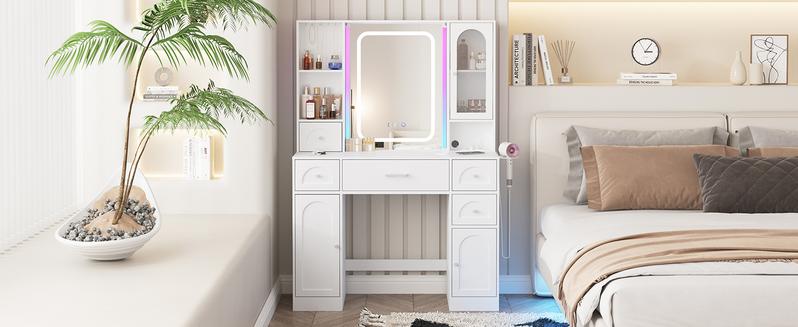 Vabches 41.3in(L) Makeup Vanity Desk with Lights,Makeup Vanity with RGB Lights and Power Strip,Vanity Table with 5 Drawers Lots Storage & Time Display,3 Lighting Modes Vanity Mirror with Lights