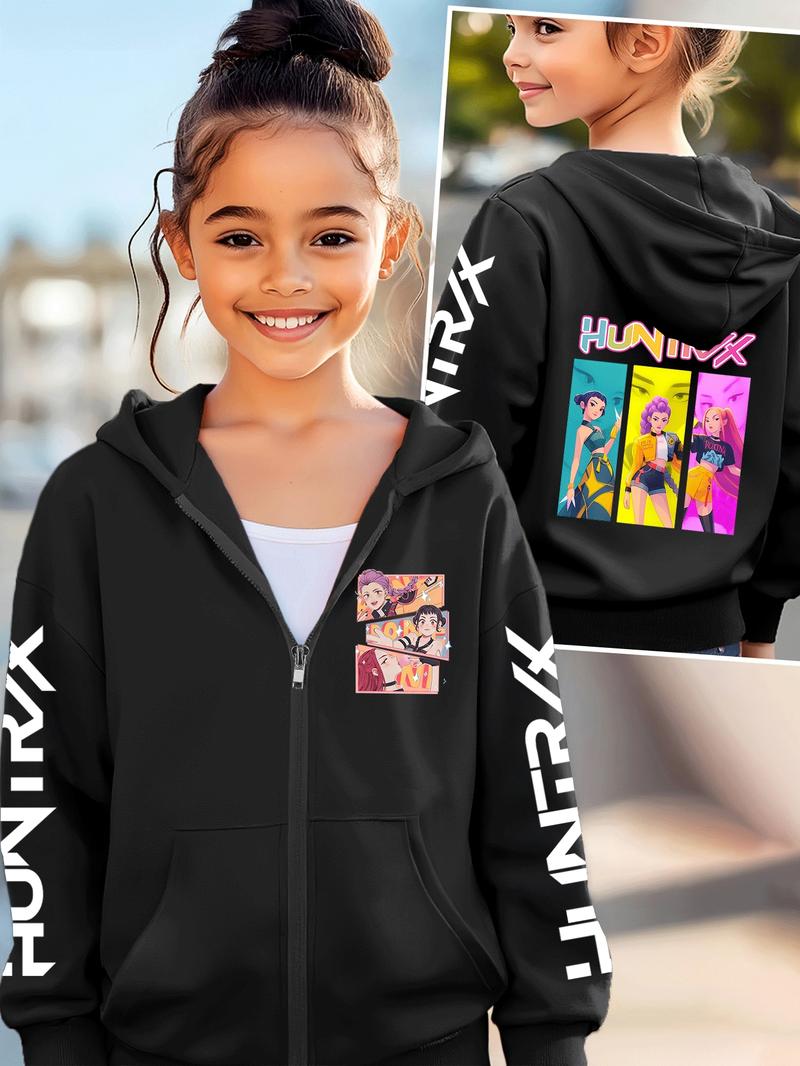 Girls Kpop Demon Hunters Cartoon Print Graphic Print Hoodie, Casual Fitted Jacket for Toddler Girls, Fall & Winter Zipper Sweatshirt