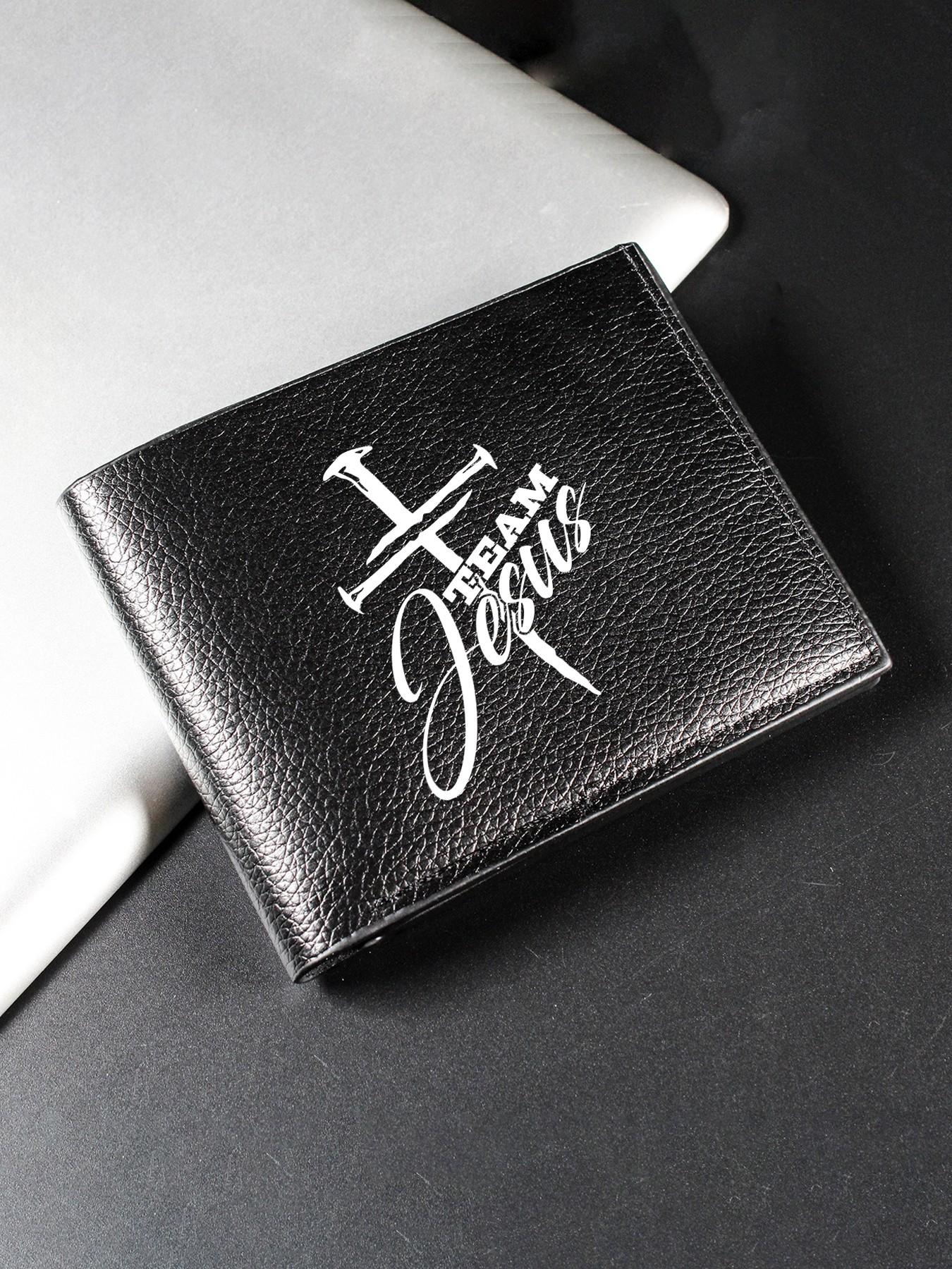Team Jesus Faith Theme Print Men's PU Leather Wallet, Large Capacity, Multiple Card Slots, Bi-Fold Coin Purse, Fashion Essential