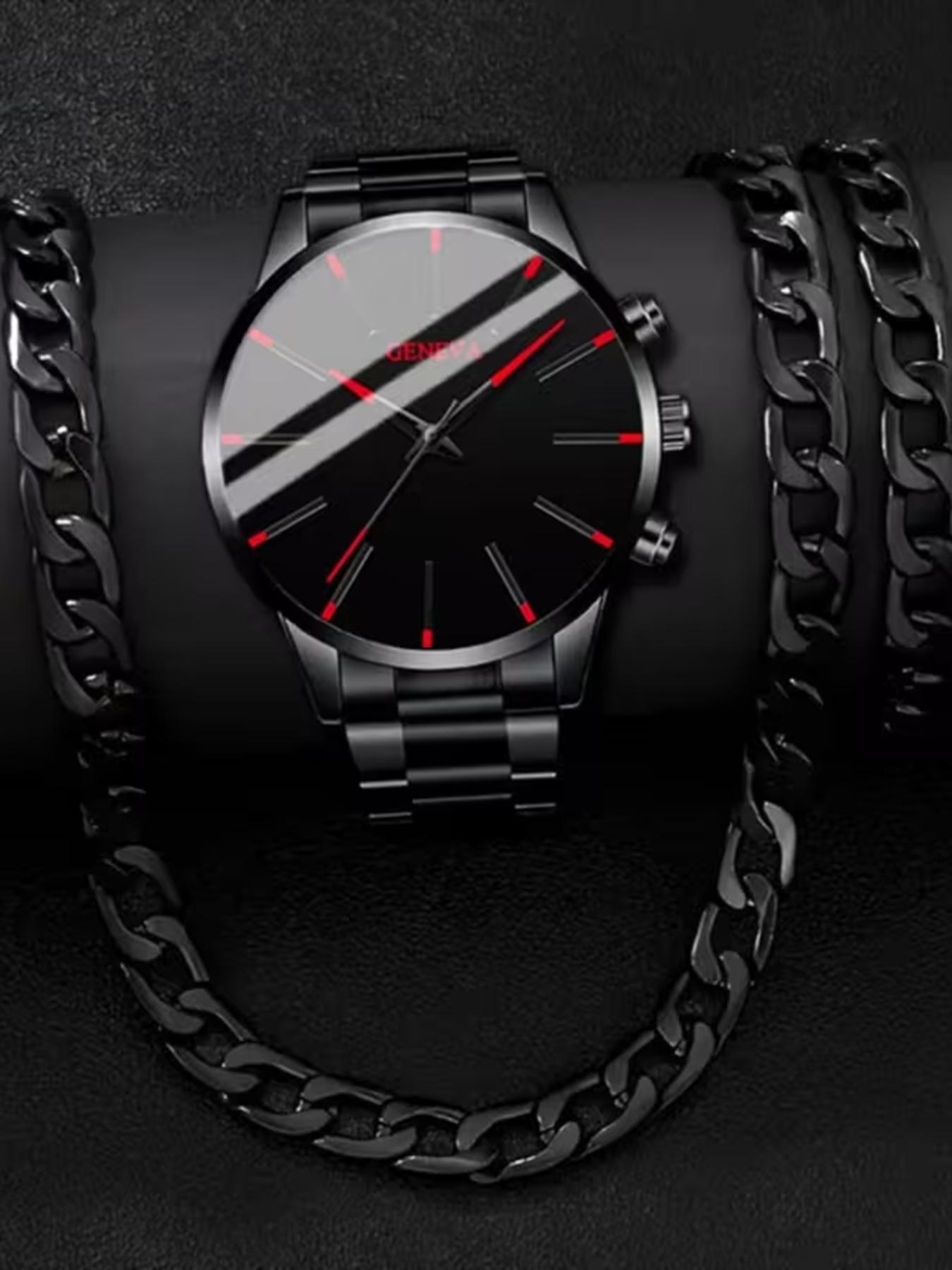 3-Piece Men's Watch and Necklace Bracelet Set - Gold Luxury Quartz Watch with Matching Chain, Casual Simulation Watch,/Father's Day Gift, Affordable Watch Set