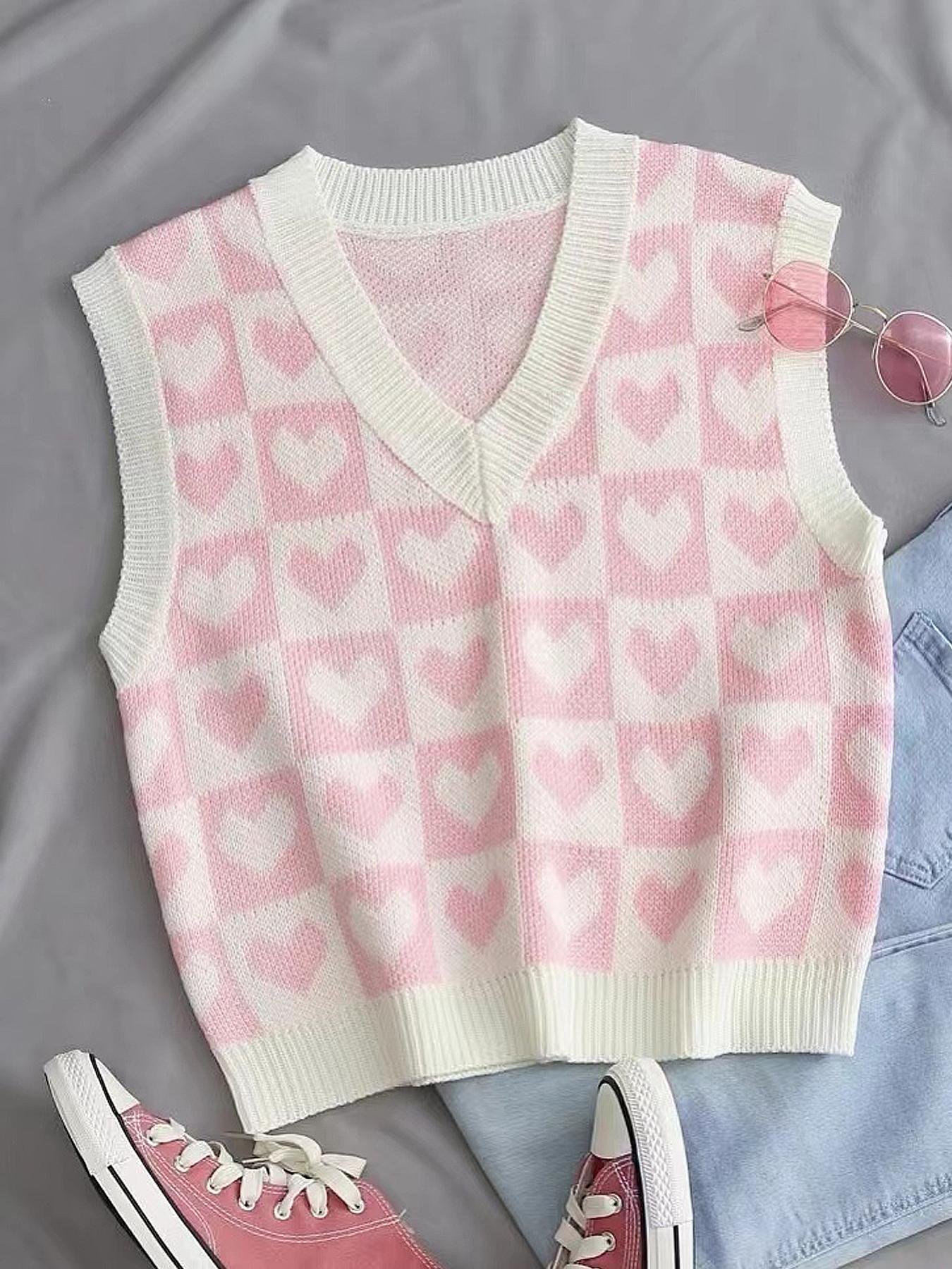 Women's Heart & Plaid Print V Neck Sweater Vest, Casual Sleeveless Knit Top for Daily Wear, Ladies Knitwear for All Seasons, Casual Comfy Vests