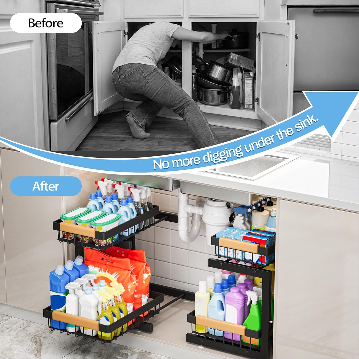 Under Sink Organizer XL Size, 2 Packs 2 Tier Expandable Height (13.5" - 17.5") Under-Sink Organizers Slide out Pull out Bathroom Kitchen Organizers And Storage