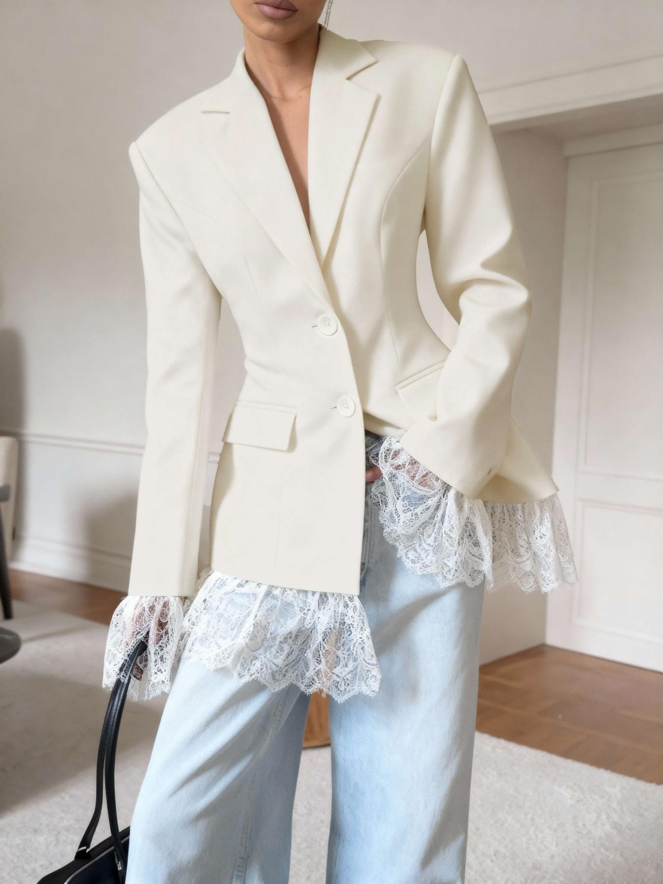 Women's Fitted Pure Color Woven Fabric Lace Patchwork Button Waistcoat Jacket, Office Evening Date Formal Banquet Fall Winter