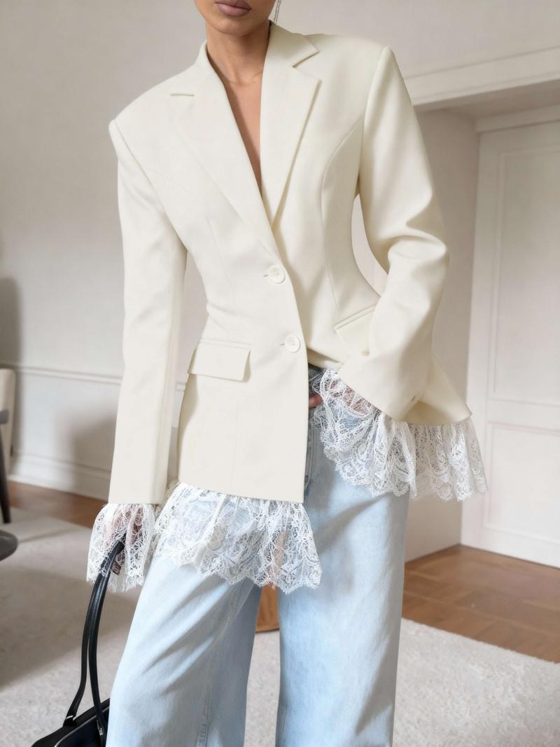 Women's Pure Color Woven Fabric Lace Patchwork Button Waistcoat Jacket, Office Evening Date Formal Banquet Fall Winter