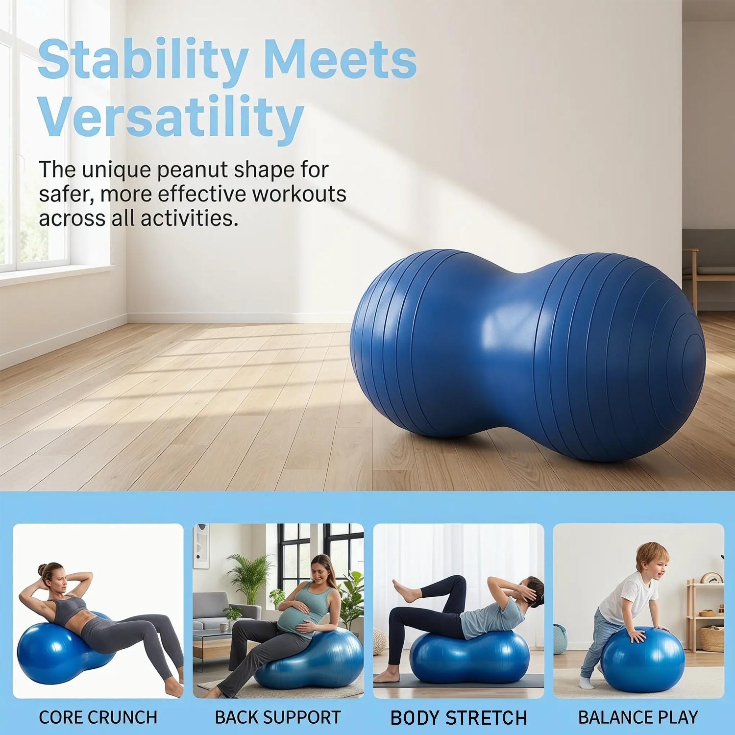 90×45cm Peanut Ball, Anti-Burst Exercise Ball, Yoga Ball, Gym Quality Fitness Ball with Pump, Ideal for Core Strength Training and Flexible Seating.