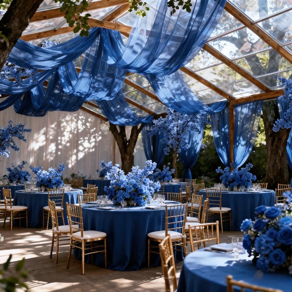 One piece, made of romantic deep blue tulle fabric, perfectly suited for various decorative needs such as wedding arches, ceremony backdrops, banquets, birthday parties and holidays, indoor and outdoor decorations, anniversaries, and party supplies sets.