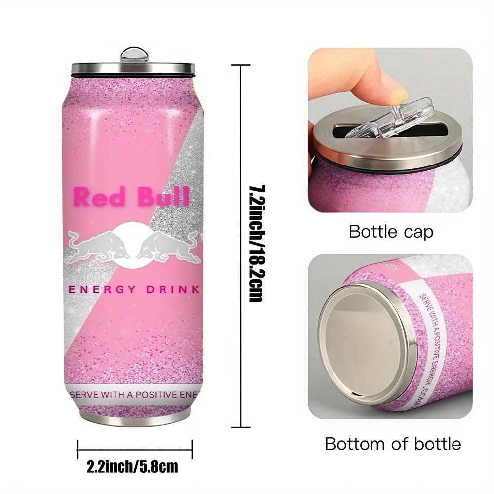 1pc 17oz Red Bull Pink Glitter Vacuum Insulated Mug, Portable Stainless Steel Cup with Lid, Ideal Sports & Coffee Mug for Family Friends, Great for Camping, Outdoor & Holiday Gifts