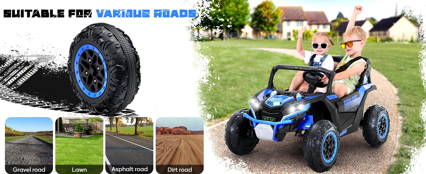 EM-KC03）2 Seater Kids Ride on Car, Electric 4WD Off-Road UTV Truck, 7Ah Large Battery Kids Electric Car with Remote Control, Safety Belt, Horn, Music, and Lights for Kids Aged 3-8 Years Blue