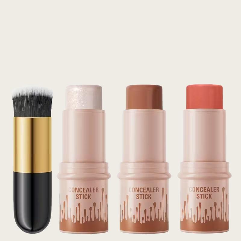 4-Piece Contour Stick Set, Highlighter, Blush Stick, Cream Contour Makeup Kit with Brush, Non-Greasy, Waterproof Long-Lasting, Ideal for Beginners