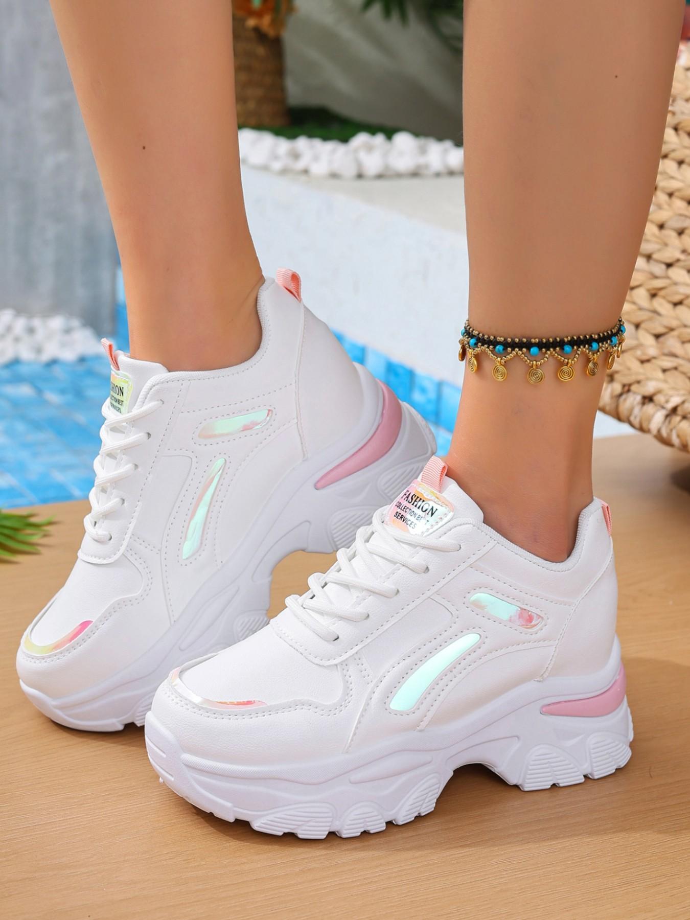 Women's Colorblock Chunky Sneakers | White Pink Casual Platform Shoes | Comfortable Breathable Height Increasing Trainers for Ladies | Trendy OOTD Streetwear Sneakers for Four Seasons.