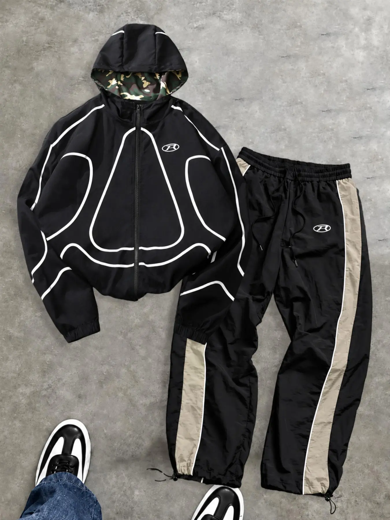Men Women Two-Piece Set, Hooded Jacket + Drawstring Cargo Pants, Y2K Streetwear Fashion, Casual Graphic Fitted