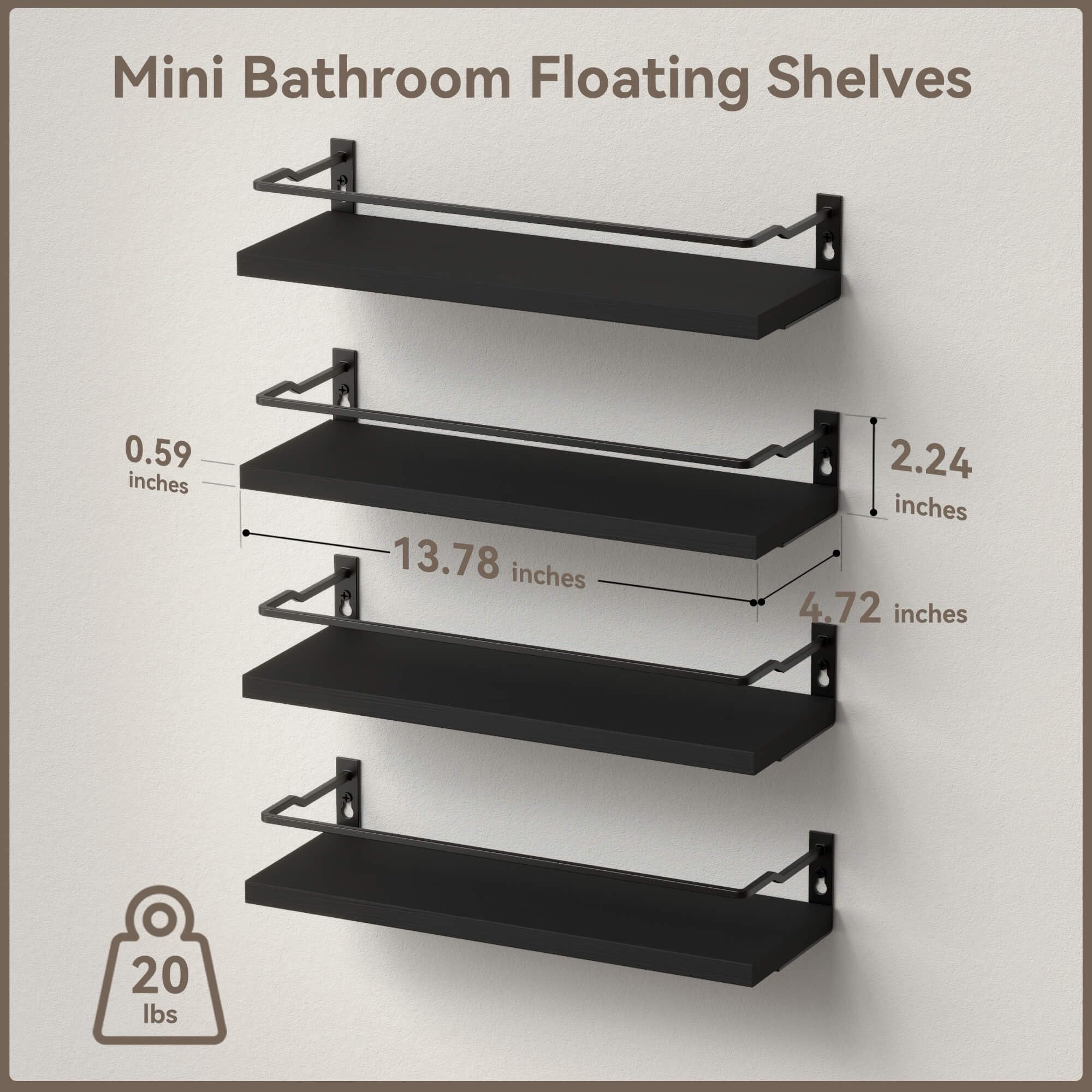 Bathroom Floating Shelves with Guardrail, Set of 4 Wall Mounted Small Storage Bathroom Shelves, Rustic Bathroom Shelves Over Toilet, Wall Shelves for Kitchen Living Room Bedroom - Black- Carbonized Black-White