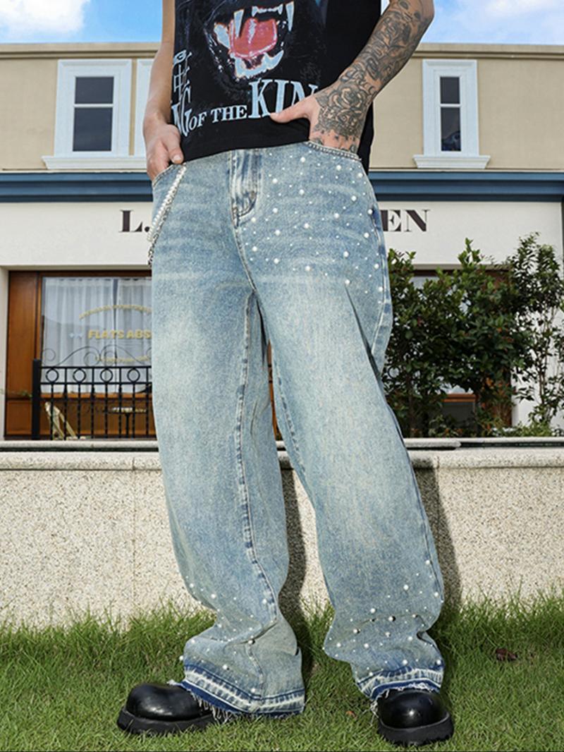 Four-Season Washed Light Blue Handmade Beaded Loose Straight Leg Jeans, Y2K Casual Streetwear, Perfect Gift for Husband or Boyfriend