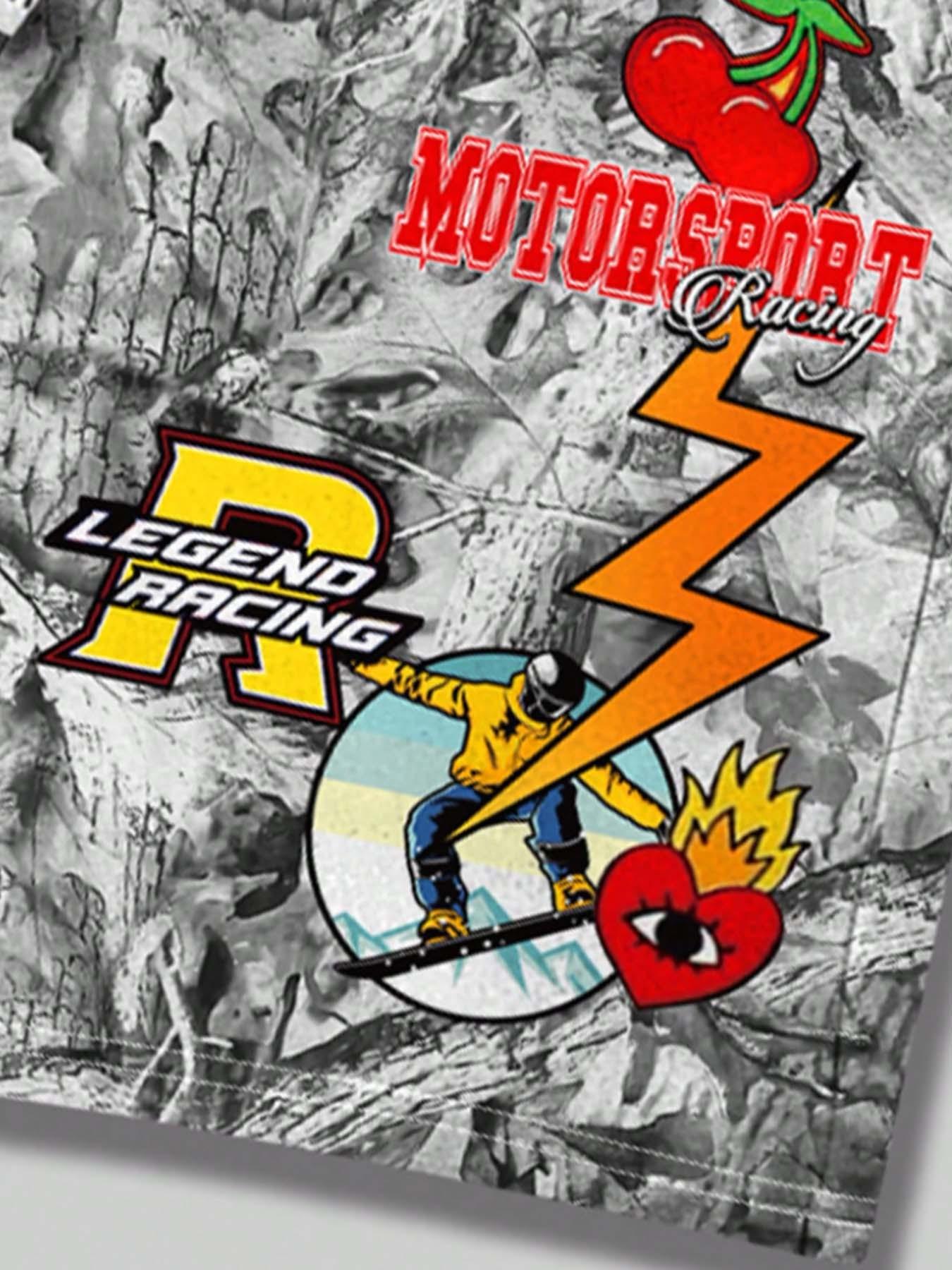 Vintage Racing Print Camouflage Shorts, Y2K Street Style Summer Drawstring Casual Pants, Casual Regular Fit Pocket Shorts for Summer, Men's Athletic Bottoms for Daily Wear