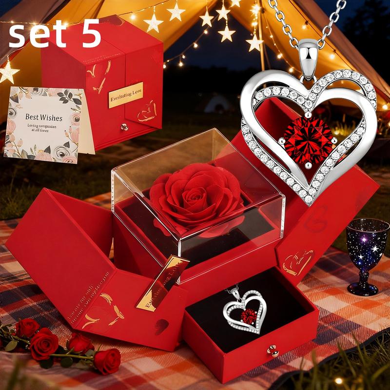 Rose Party Gift Box with Love Heart Necklace, 1 Set Romantic Rose Gift Box with “I Love You” Jewelry Necklace, Gift for Mom, Wife or Girlfriend, Birthday Gift