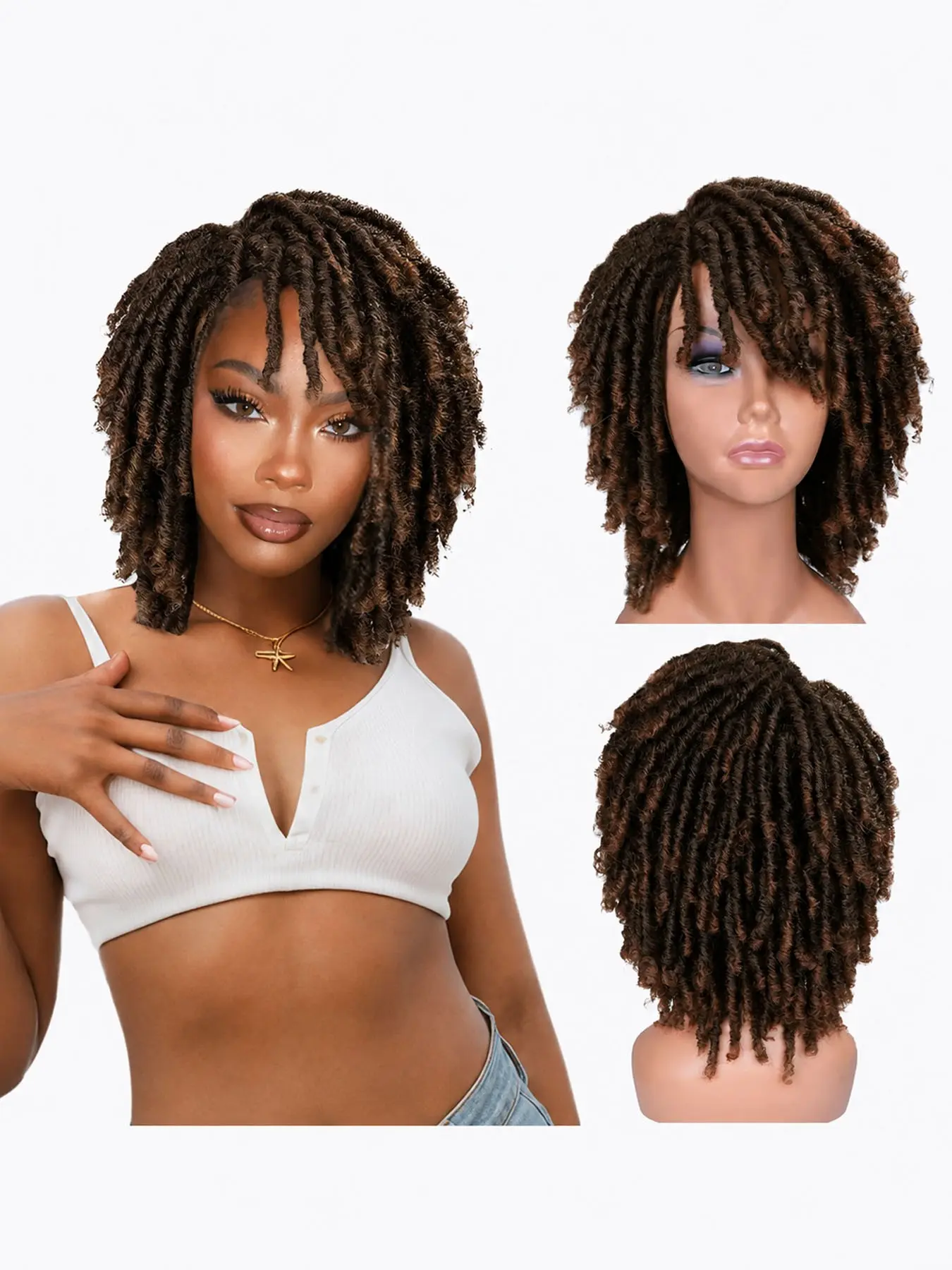 Short Dreadlocks Braided Wigs for Women and Men, Synthetic Afro Twist Braids with Clips, Full Hair Replacement Wig 6inch