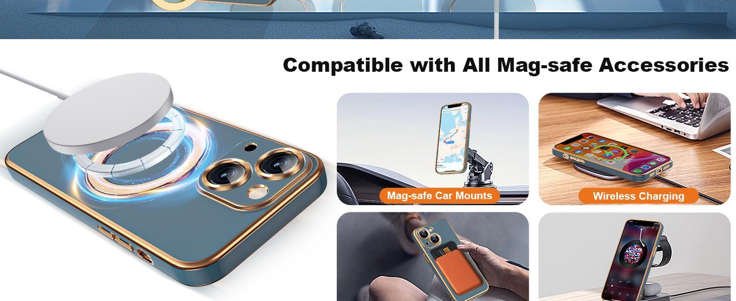 Compatible with iPhone 14 Case with Magnetic Ring Stand [Compatible with Mag-Safe] [Full Camera Lens Protector] Soft Plating Phone Case for iPhone 14 6.1", Grey Blue