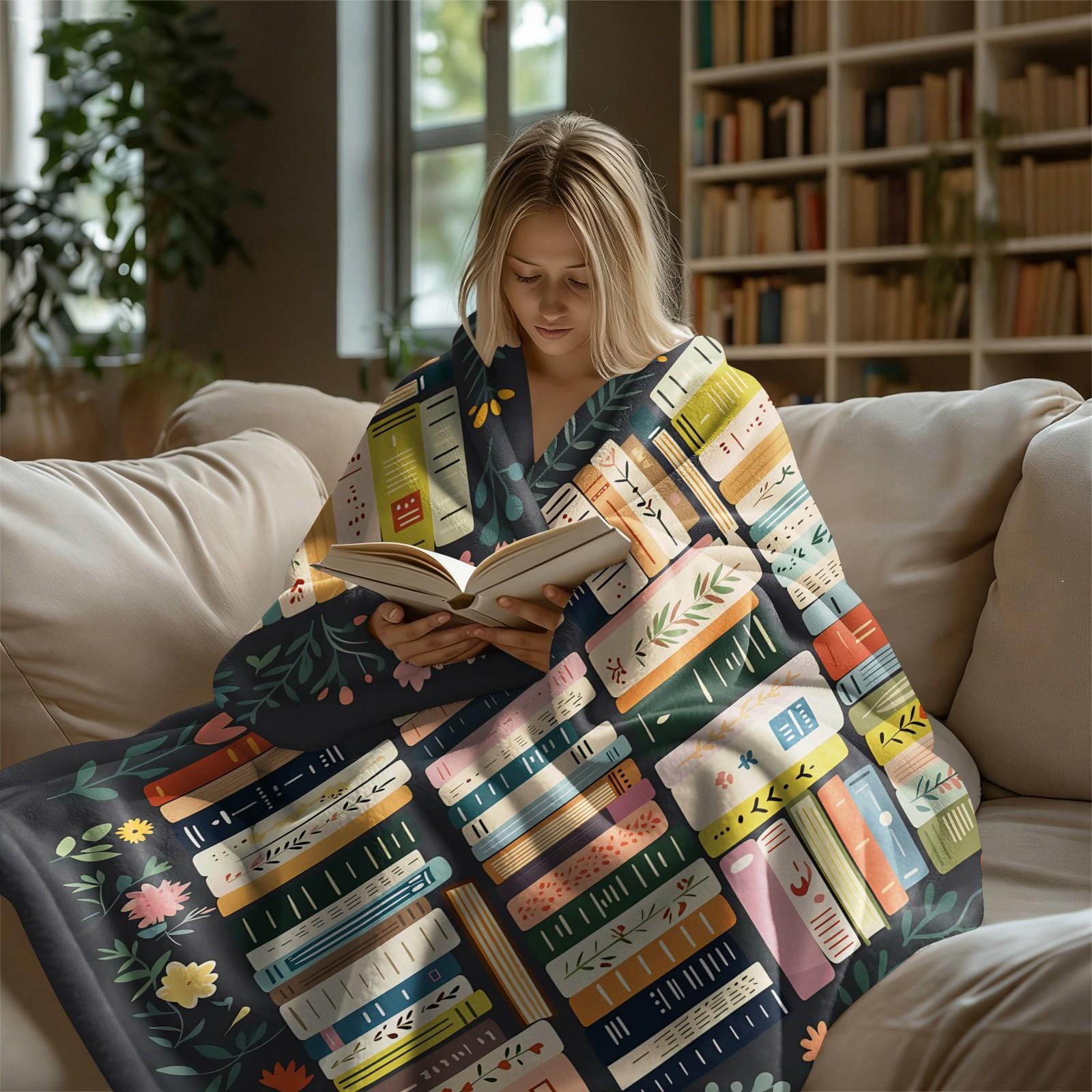 Bookish Floral Bookshelf Print Flannel Blanket, Aesthetic Botanical Warm Throw Blanket, Soft Cozy Nap Gift Blanket, Lightweight Decor Blanket for Couch Bed, All-Purpose Perfect Gift for Family and Friends