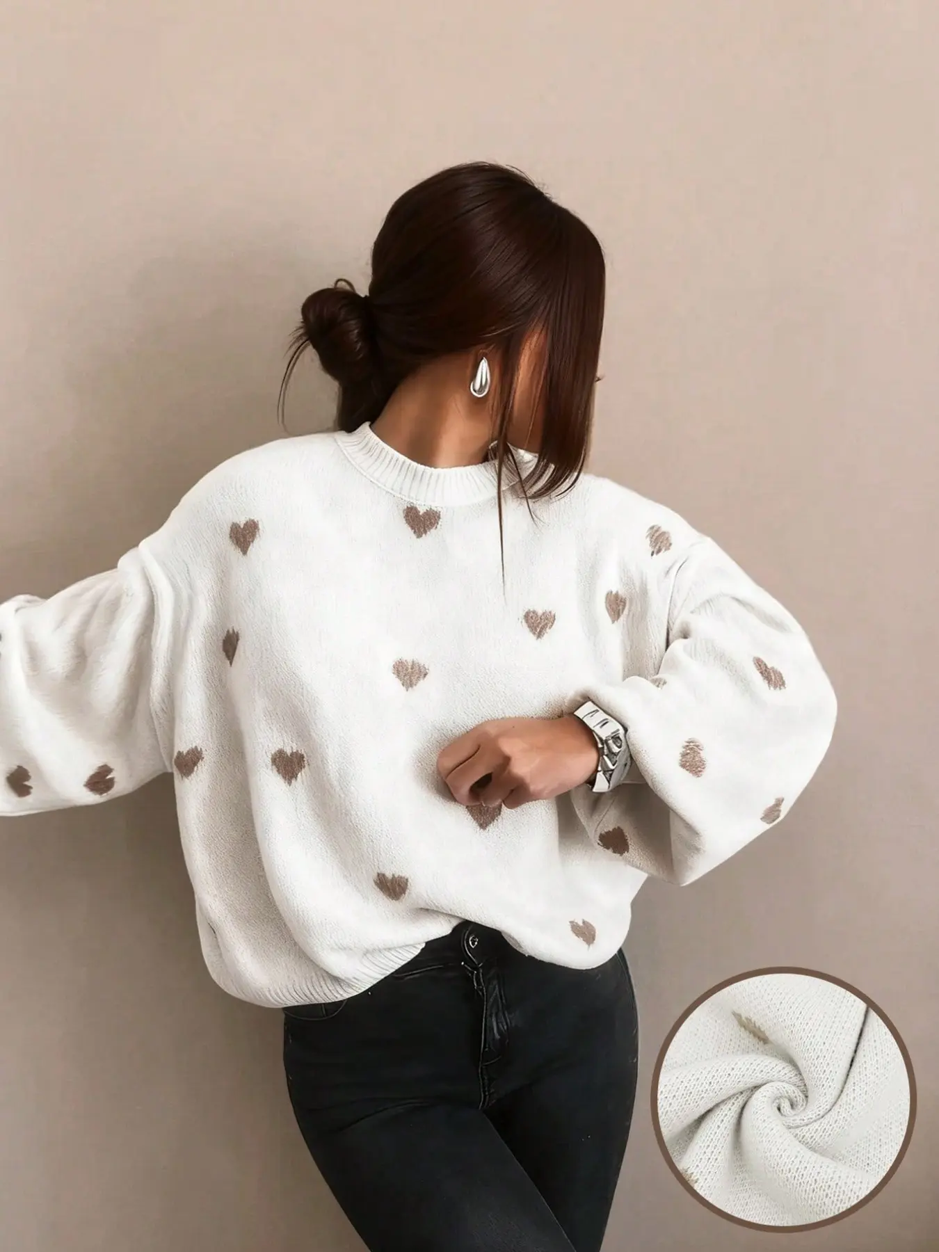 Women's All Over Heart Print Drop Shoulder Sweater Casual Pullover, Casual Long Sleeve Round Neck Loose Fit Jumper for Fall & Winter, Fashion Ladies' Knitwear Womenswear for Everyday Wear Tops