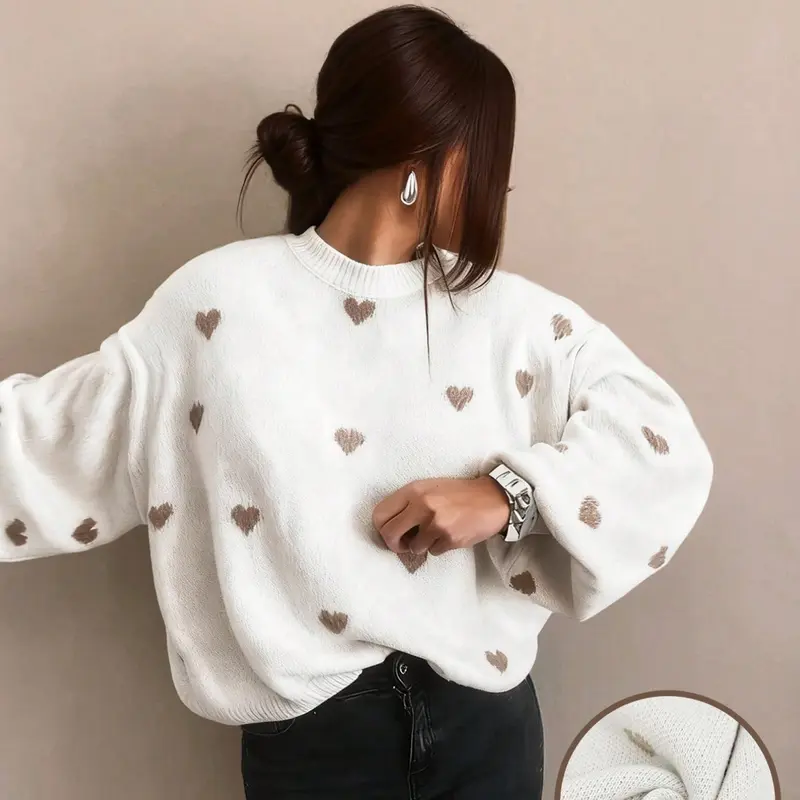 Women's All Over Heart Print Knitted Drop Shoulder Sweater, Casual Long Sleeve Round Neck Loose Fit Jumper for Fall & Winter, Fashion Ladies' Knitwear Womenswear for Everyday Wear Tops