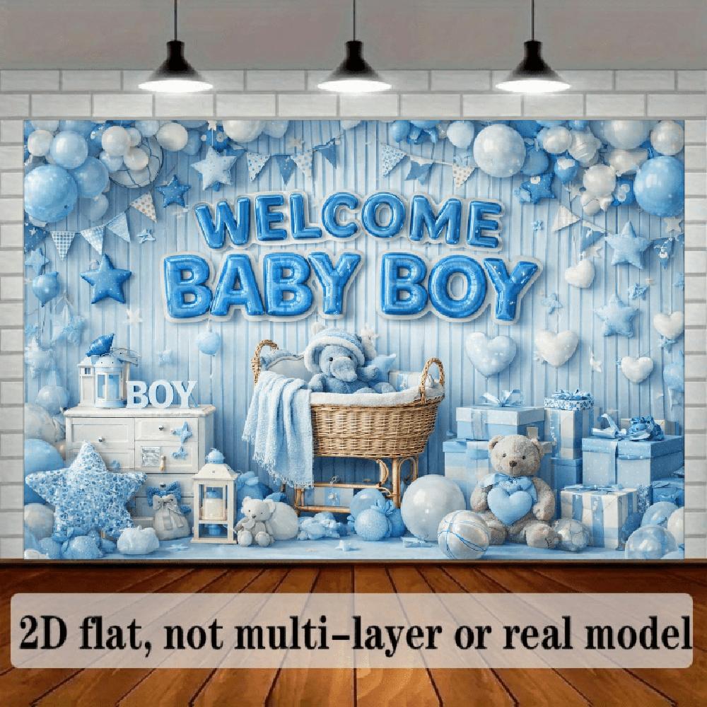 2D Flat Polyester Photoshoot Backdrop - HD Print Blue & White Balloons Stars, Gifts, Teddy Bear Theme - Party Banners, Home Decor for Birthday, Baby Shower Celebration Events, Backdrop Picture