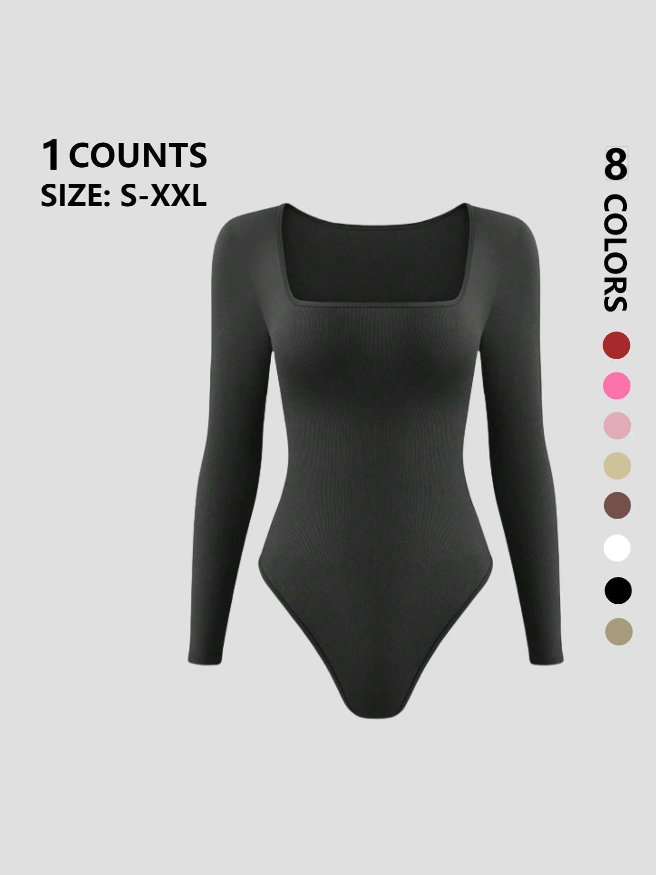 Women's solid knit long sleeve square neck shapewear bodysuit, slim fit, stretchy fabric, tummy control, Tummy Tuck Bodysuit, butt lifting design, comfortable breathable shaping wear, curve enhancer, perfect for daily casual, work, dates, parties