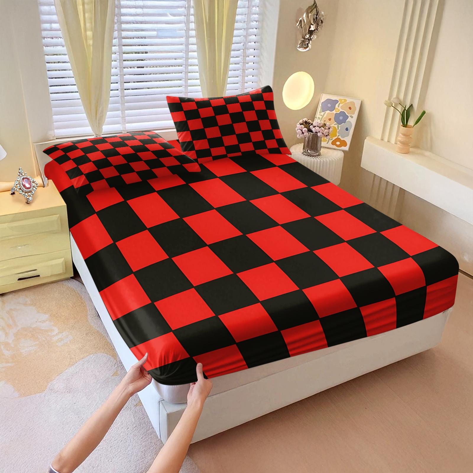 3 Pcs Geometric Plaid Print Fitted Sheet Set, Modern Minimalist Bedding Set, Soft Breathable Microfiber with HD Digital Print, Deep Pocket & Wrinkle Resistant, Ideal for Bedroom, Dorm, Guest Room, All Season Use