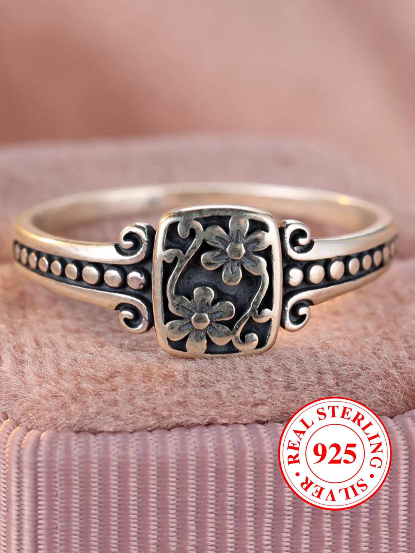 S925 Sterling Silver Vintage Flower Design Ring, Elegant Everyday Ring, Fashion Accessories for Both Men & Women, Trendy All-match & Exquisite Jewelry for Birthday Gift