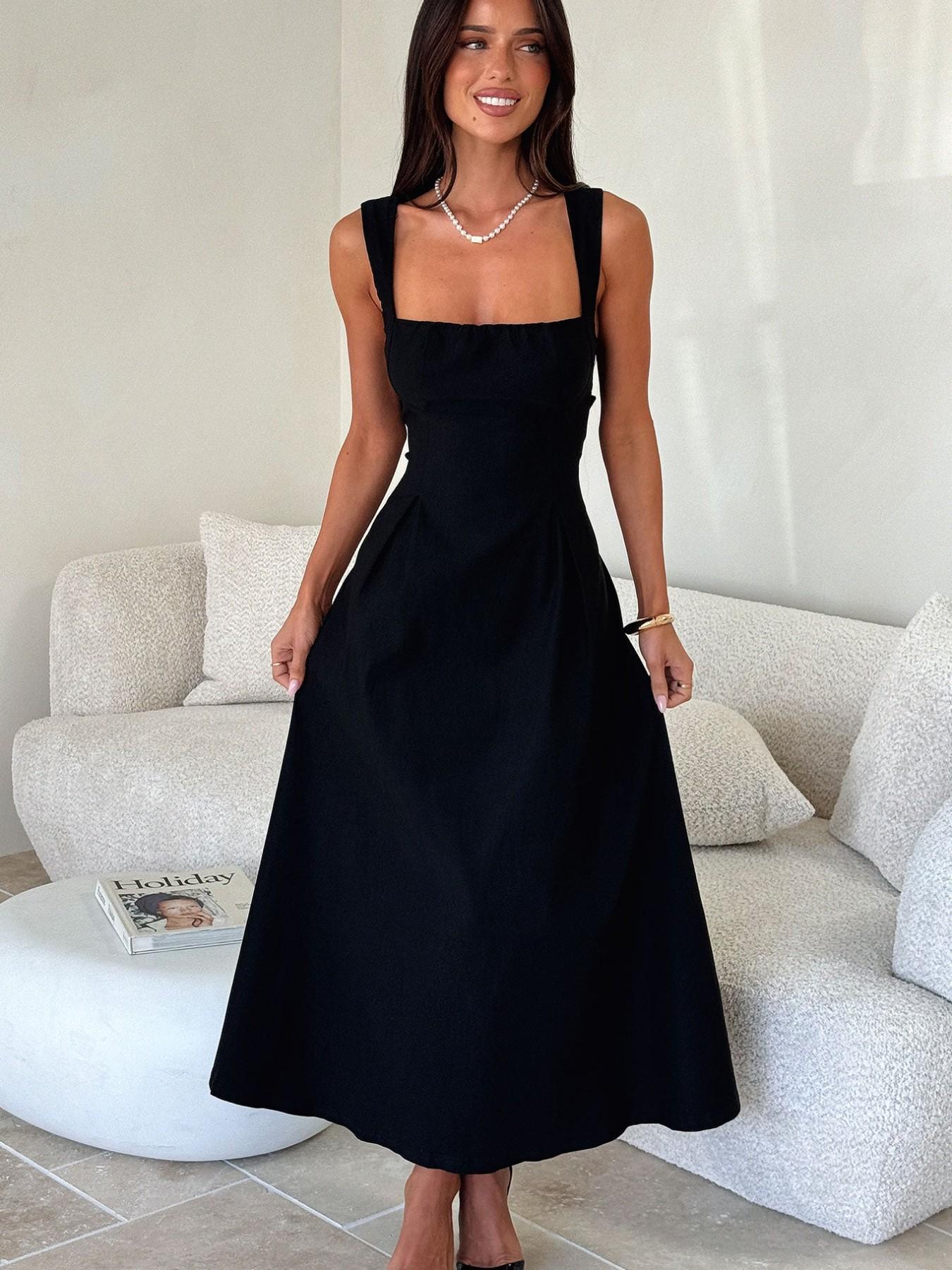 Elegant Vintage Square Neck Back Tie Strap Dress, Sleeveless Fitted Midi Dress, Casual Plain Style Day Evening, Women's Fashion Clothing, Casual Wear, Womenswear