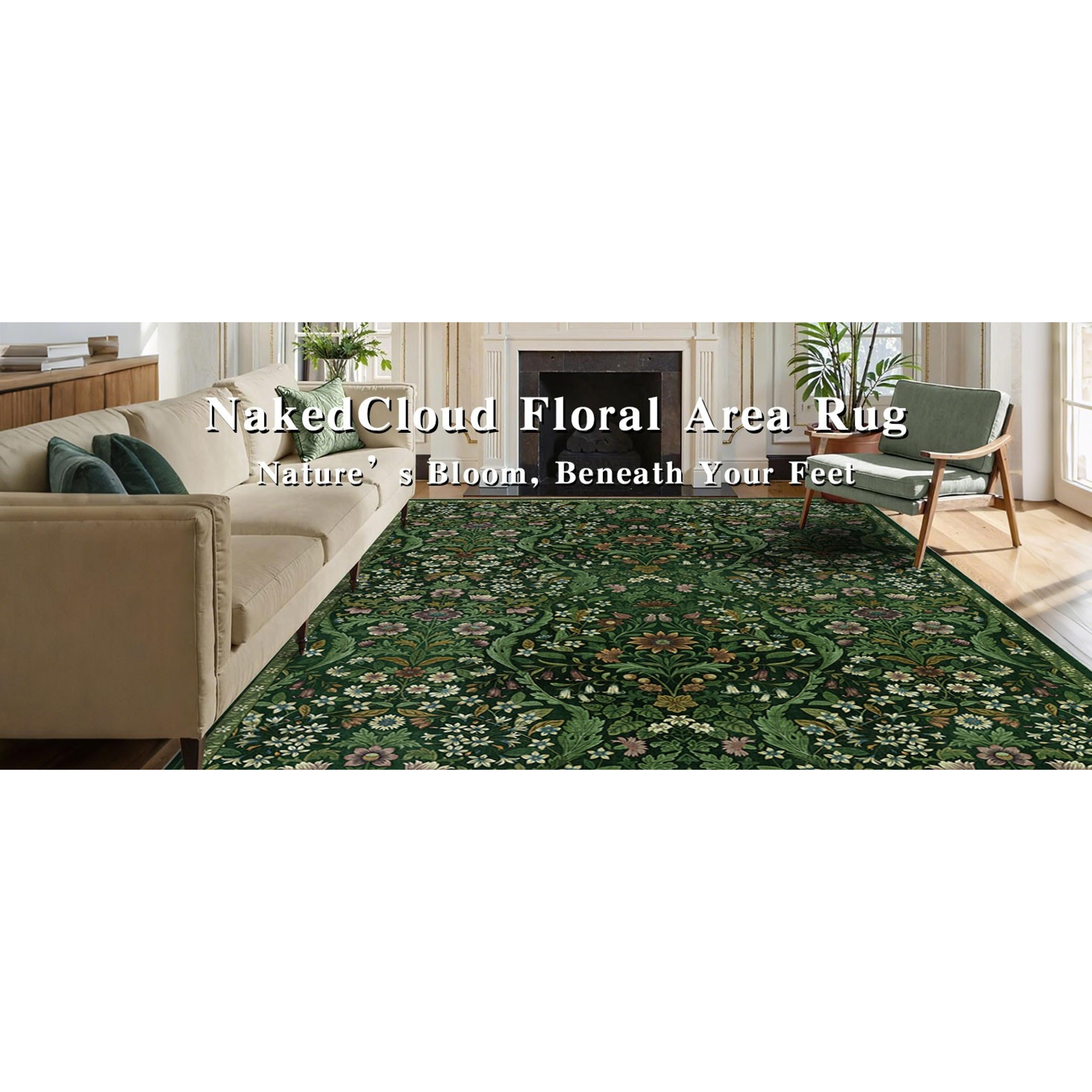 5×7 Dark Green Washable Floralbotanics Area Rug - Vintage Boho Soft Low-Pile Stainresist Non-Slip Carpet for Living Room, Bedroom, Home Decor, Rectangle