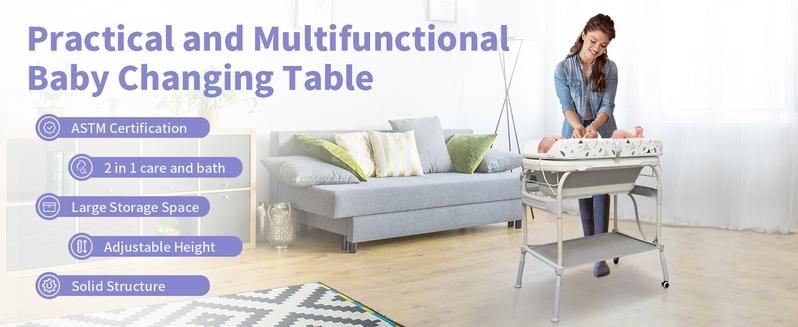 2 In 1 Safety Collapsible Baby Bathtub With Changing Table,Waterproof Diaper Changing Station Portable Travel Cute Care Baby Tub,Adjustable Height Nursery Organizer With Storage Racks For Newborn Infant Toddler