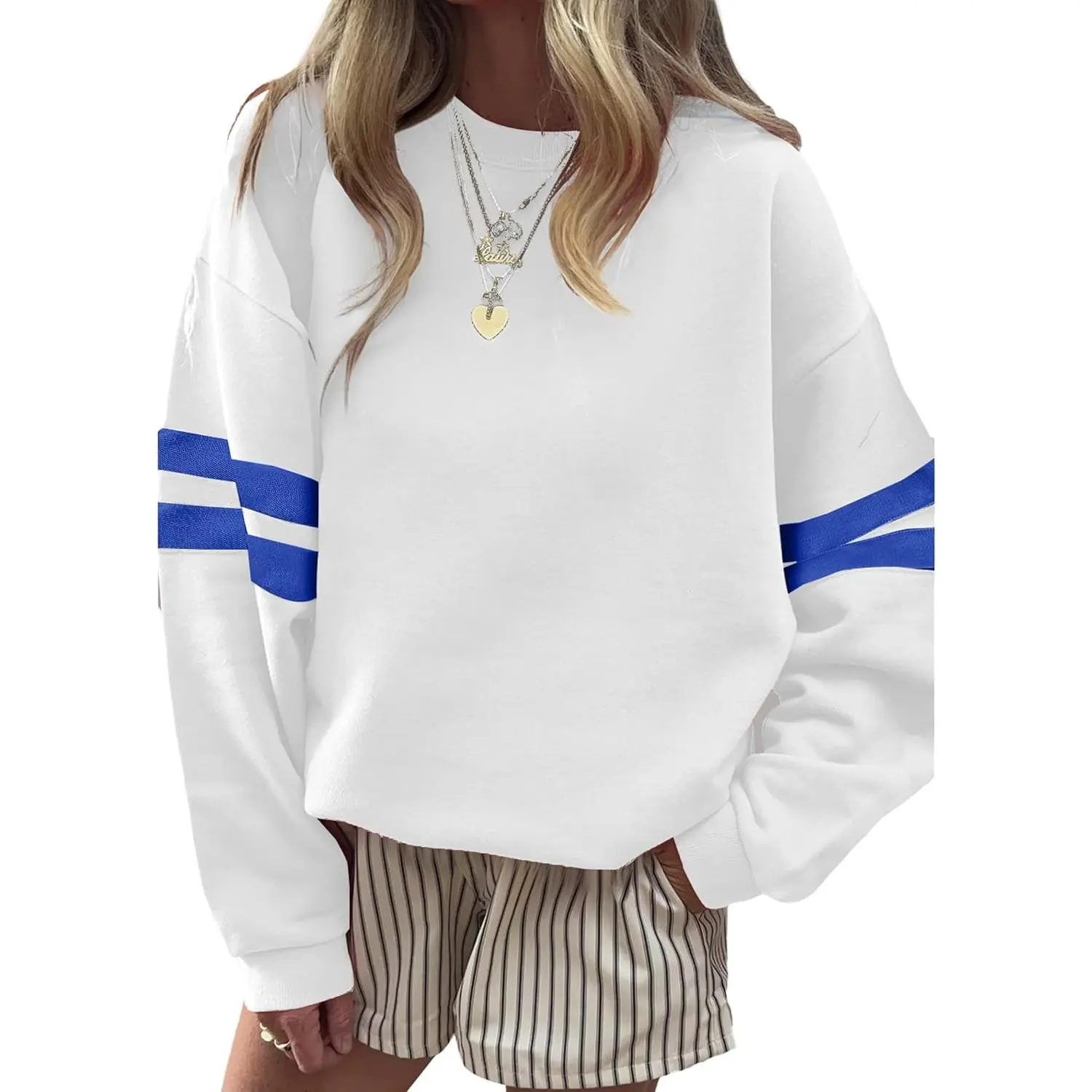 Women's Varsity Striped Oversized Sweatshirt Crewneck Pullover Top Drop Shoulder Retro Sporty Fall Outfits Relaxed Fit Casual Daily WearGift