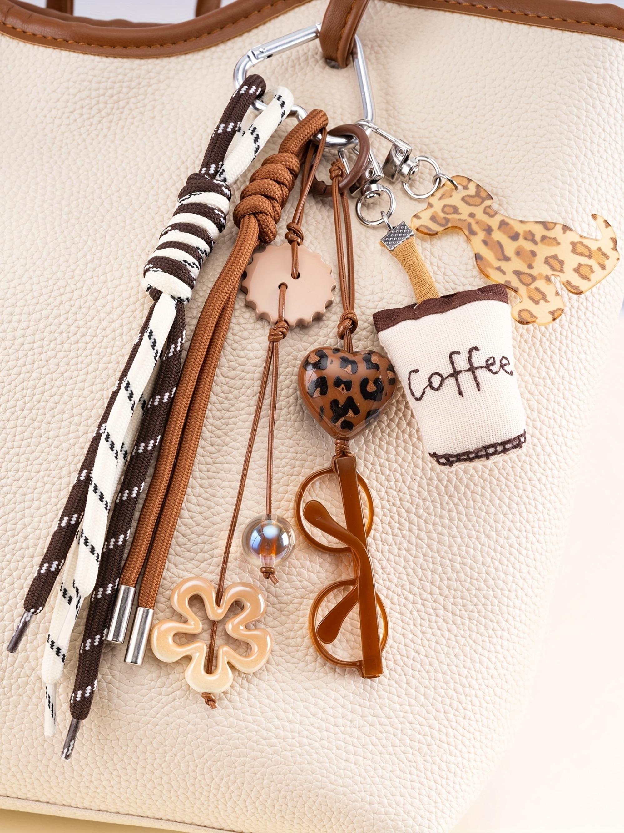 Luxury 2D Eyes Glasses Keychain,Coffee Brown Leopard Print Dog Key Bag Charm Coffee Cup Pendant Heart Flower Beaded Charms Braided Rope Fabric Coffee Cup Keychain Lanyard for Men Women Keys,Backpack Keyring Decoration Ornaments Purse Charms Accessories