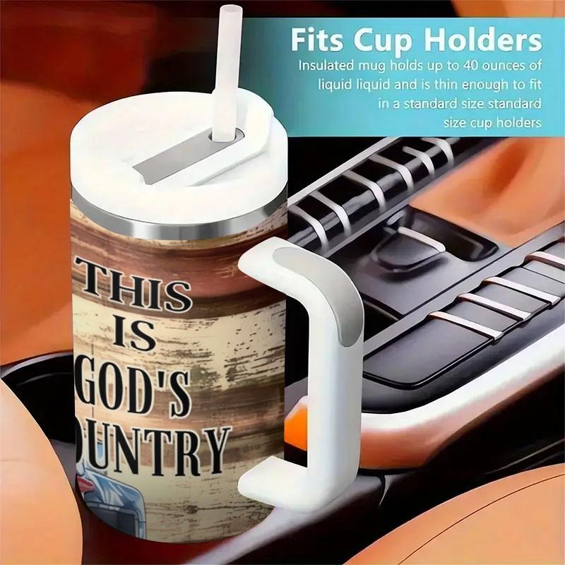 1pc 40oz American Truck Theme Insulated Cup with Handle, Stainless Steel Flag Cup, Straw Cup, Patriotic Gift for Truck Drivers