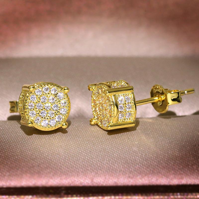 Full Diamond Hip Hop Men's Ear Stud Zircon Micro-Set Plated Round Earrings for Women