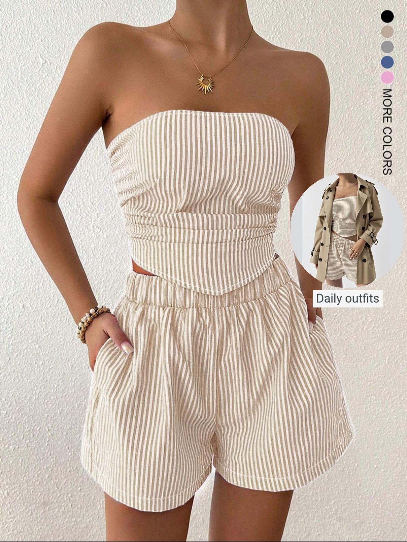 Women's Casual Striped Crop Top and Shorts Set, Fitted Ruched Design, Two-Piece, Perfect for Daily Wear