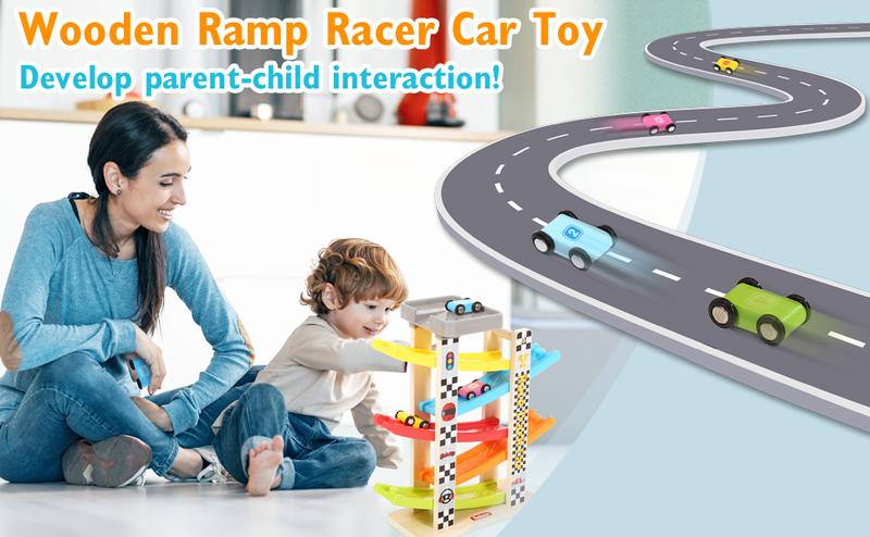 EDUTREE Toddler Toys Wooden Car Ramp Racer Toy Vehicle Set with 7 Tracks Mini Cars Race Tracks Montessori Inspired Gift for Boys Girls Play Playset Tricycle